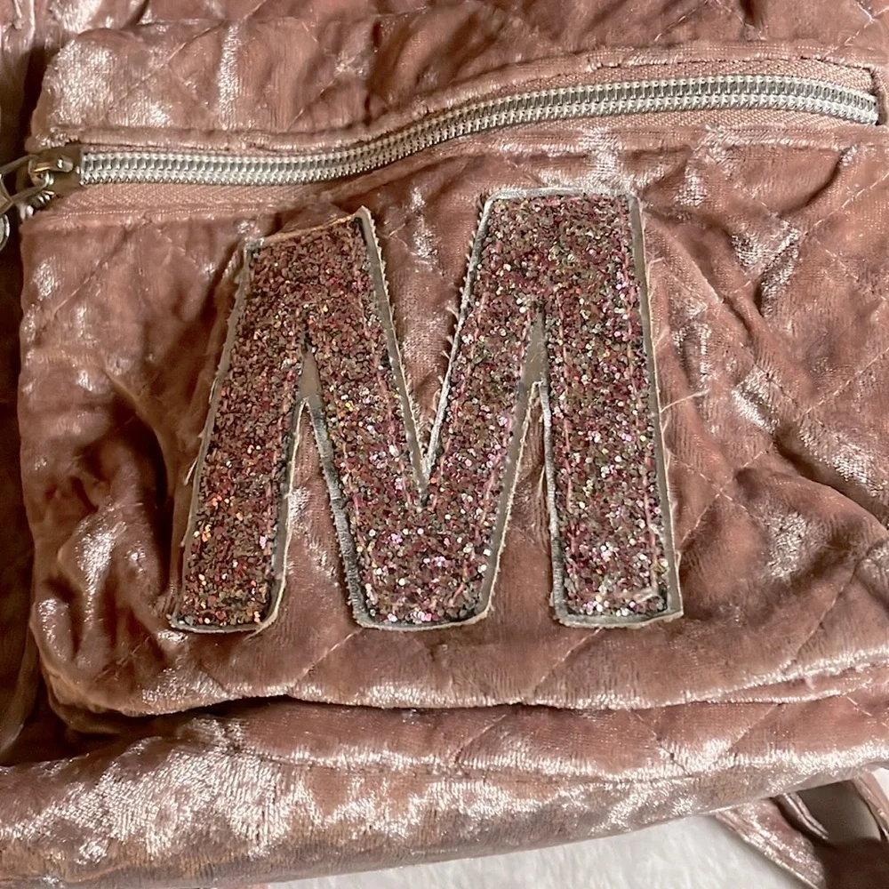 Justice Initial M  Mini Peachy Pink Velvet Back Pack
